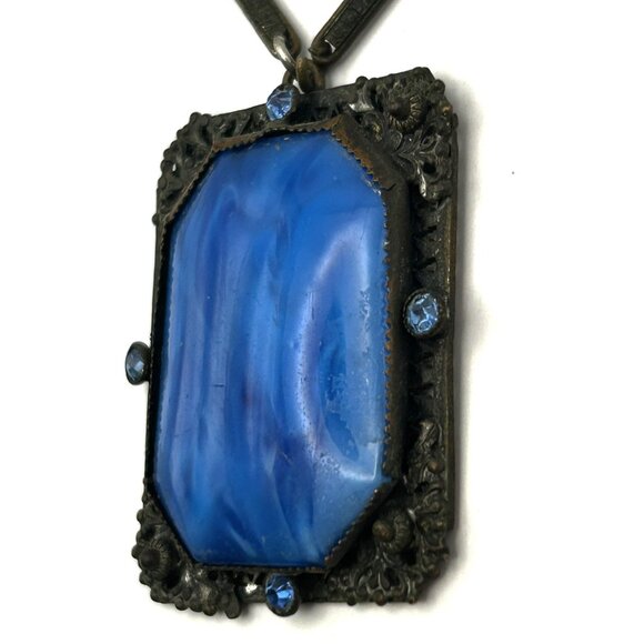 Vintage 1920s Czech Art Deco Blue Glass Necklace Filigree Bar Link Chain 18” - Picture 4 of 16
